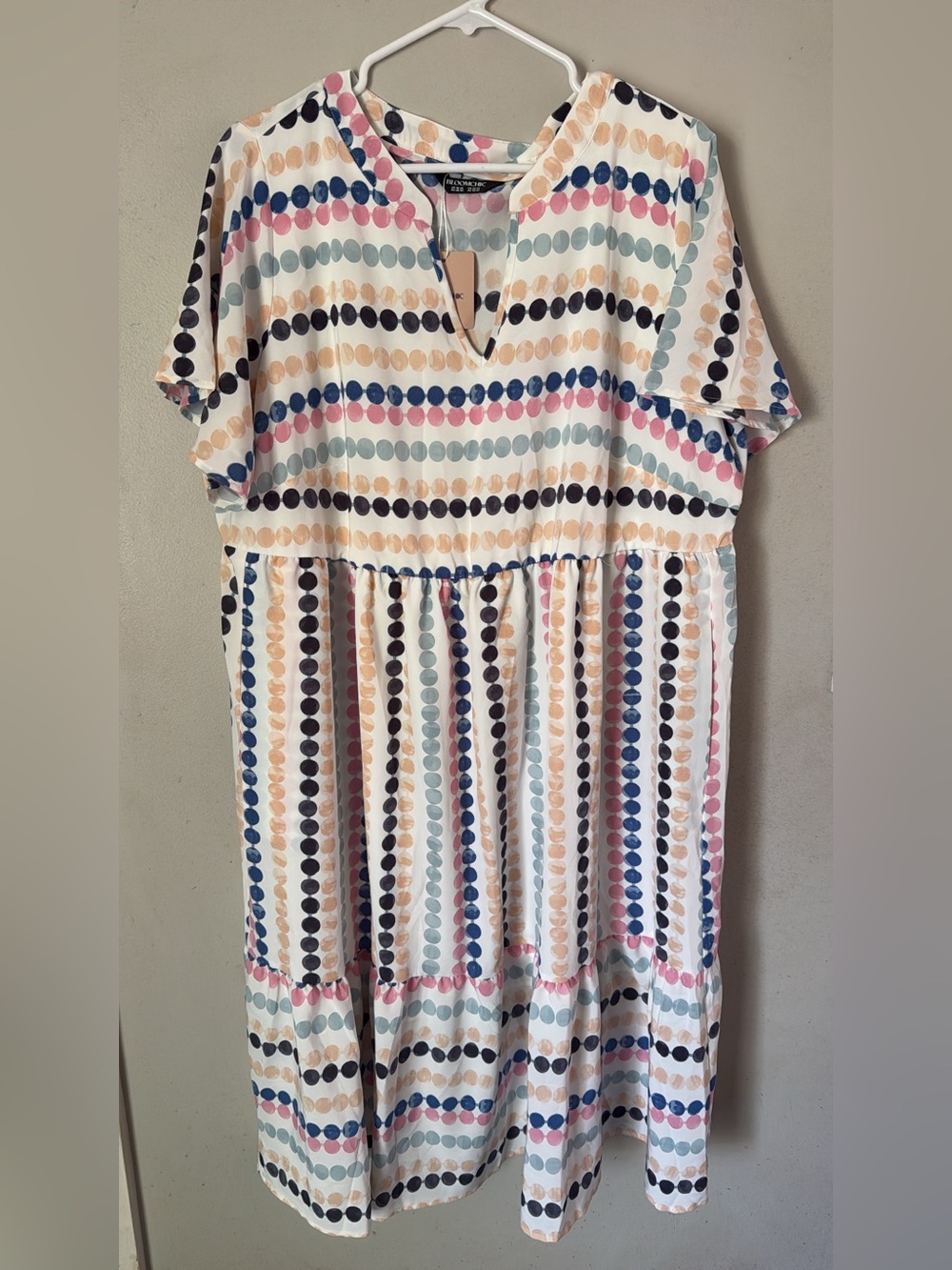 BloomChic White Dot-Stripe Midi Dress with Navy, Pink, Peach, and Light Blue